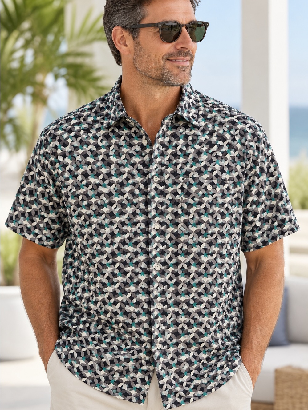 Tommy Bahama 100% Silk XXLT Long Sleeve Geometric Print Button Up Shirt